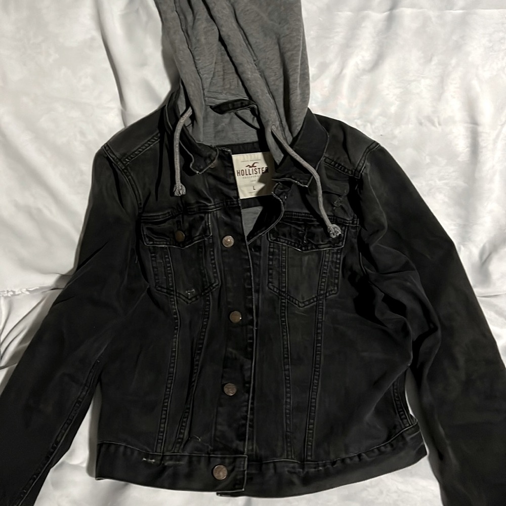 Faded Black Demin Jean Jacket with Grey hood